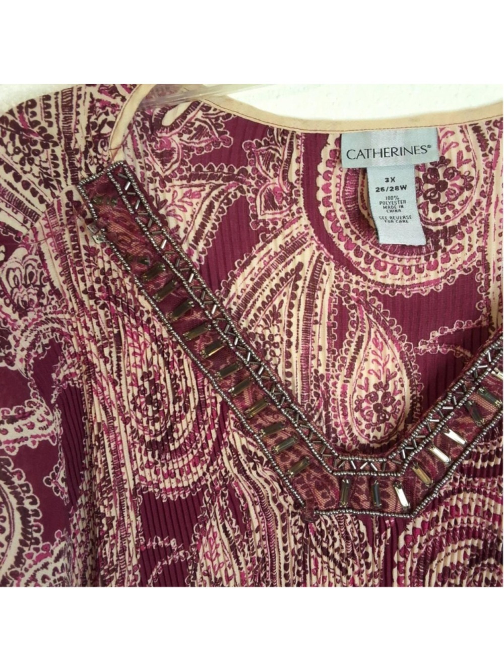 Catherine's burgundy and beige paisley polyester blouse tunic Size 3X - Picture 4 of 7